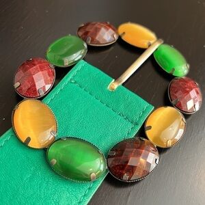 Pieces Verinda belt, multi color bejeweled buckle, green retro belt,43” length